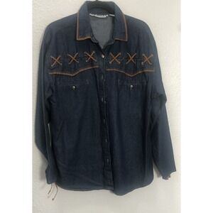 VTG Red Rover Women's Blue Denim Top w/Faux Leather Trim - Size Medium‎